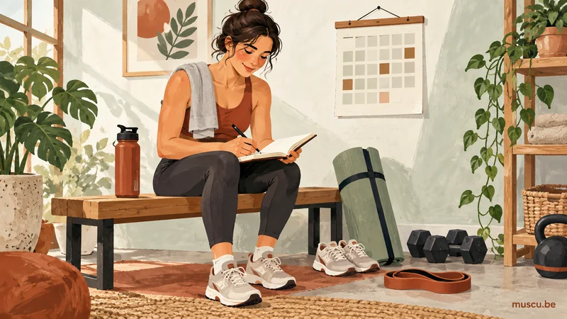 Illustration d’un adulte notant sa séance près d’un tapis et de chaussures de sport.