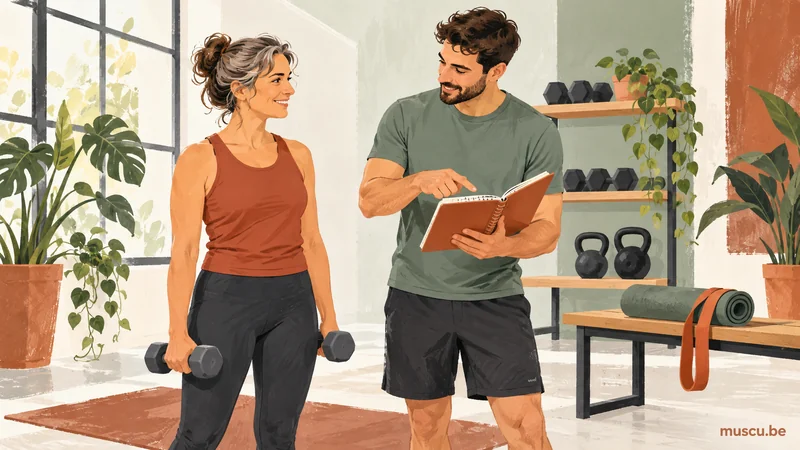 Illustration de deux adultes avec haltères légers, tapis et carnet d’entraînement.